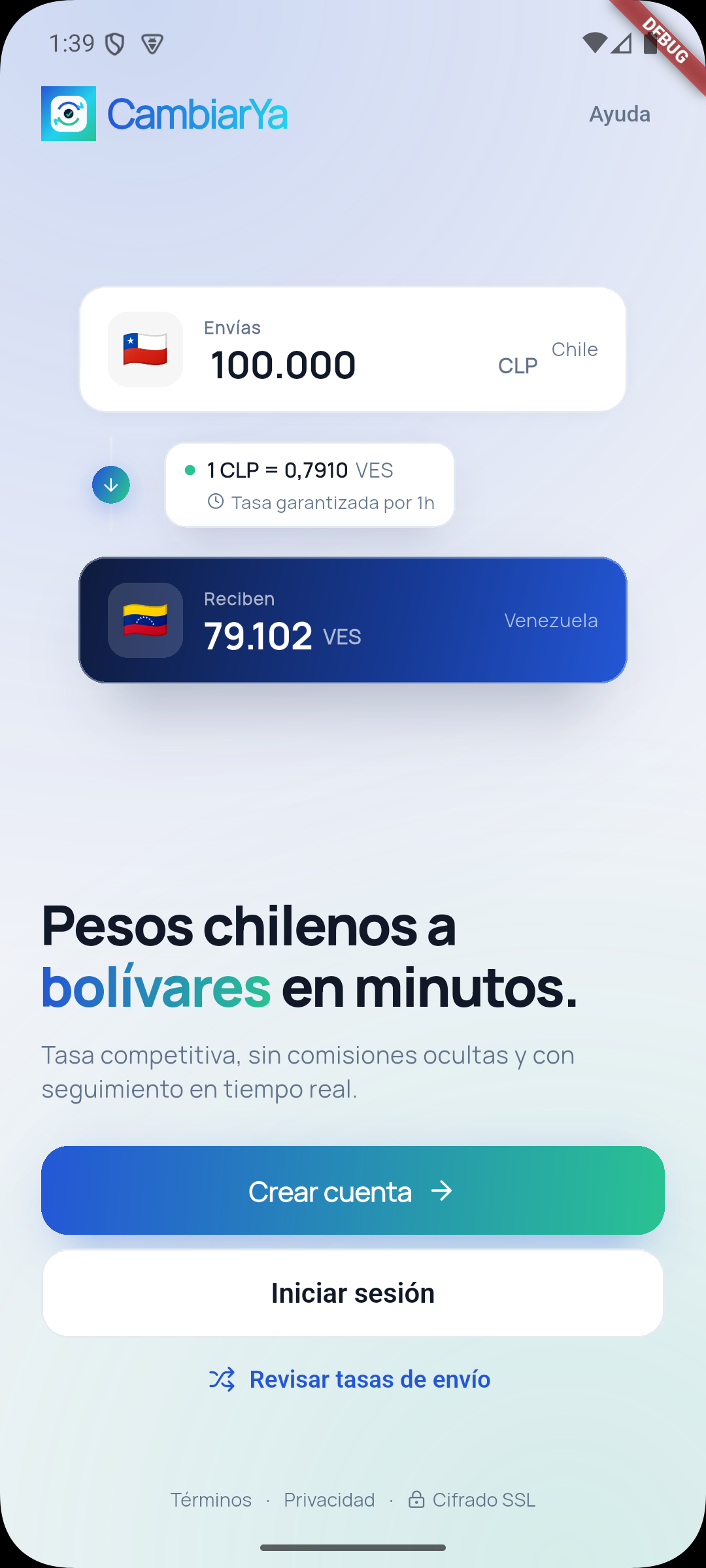 Pantalla de CambiarYa mostrando conversión de pesos chilenos a bolívares